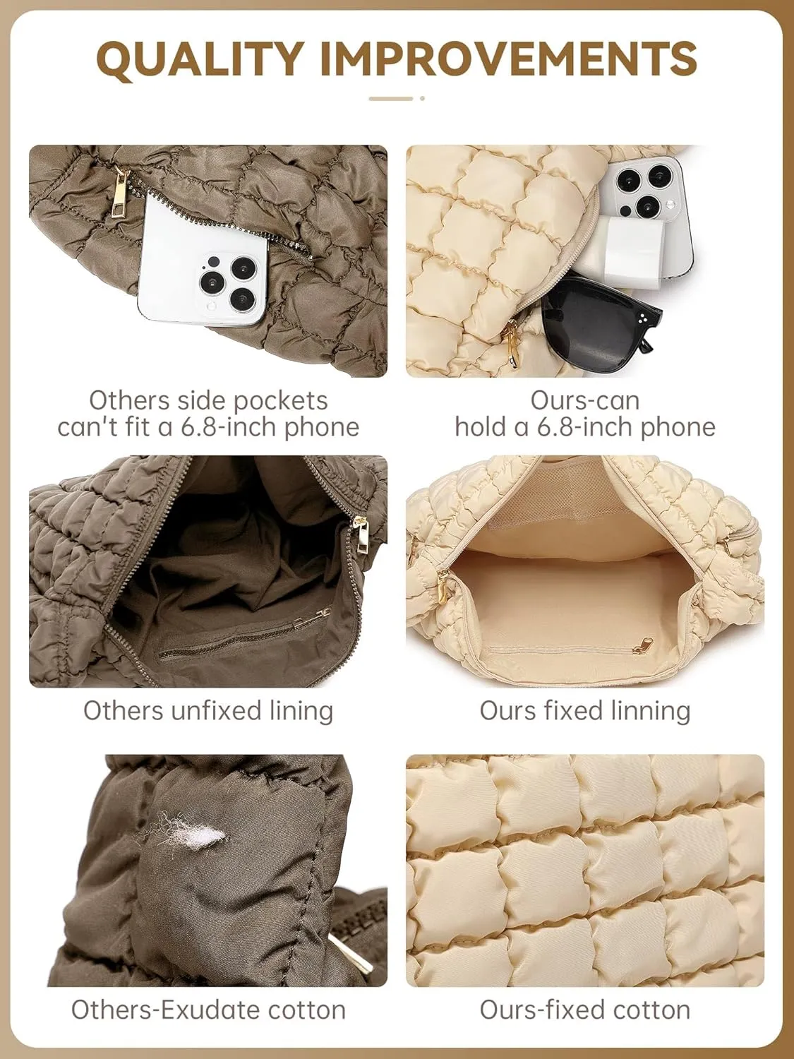 BAVERGE Puffer Tote Bag for Women 3PCS, Quilted Puffy Large Crossbody Shoulder Hobo Bag with Lightweight Handbag Purse Set