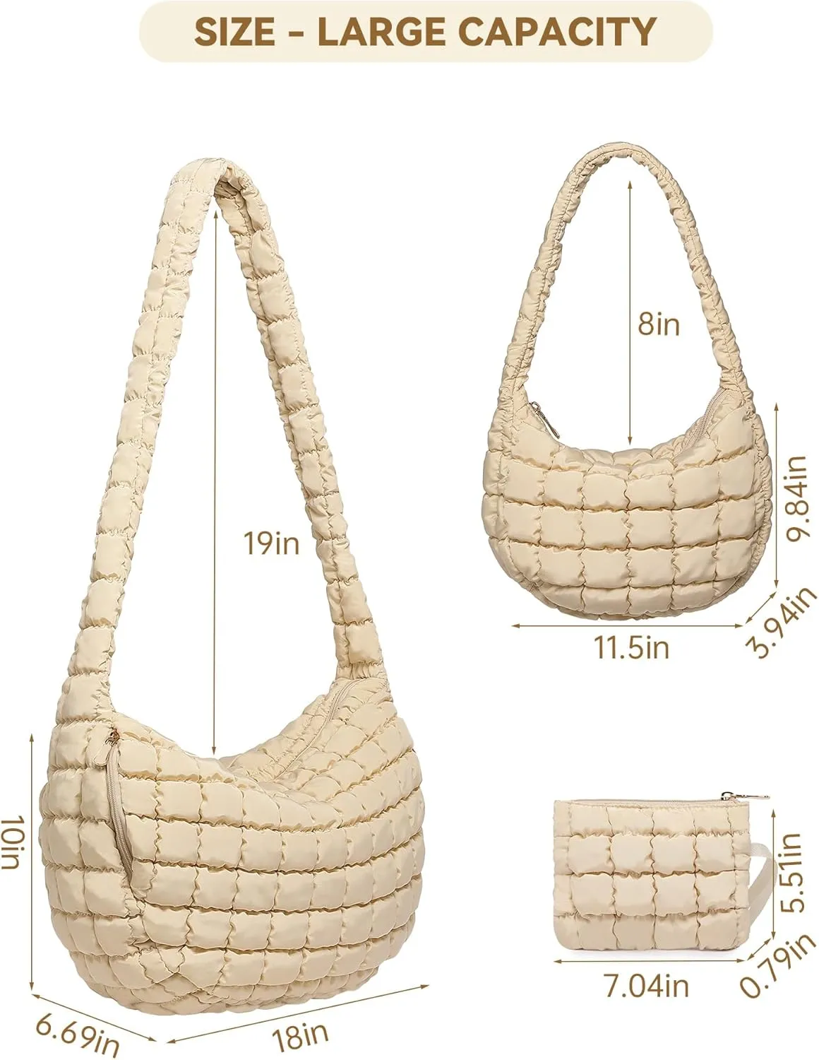 BAVERGE Puffer Tote Bag for Women 3PCS, Quilted Puffy Large Crossbody Shoulder Hobo Bag with Lightweight Handbag Purse Set