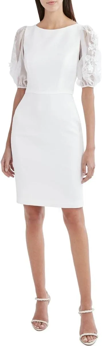 BCBGMAXAZRIA Women's Evening Dress with Sheer Short Balloon Sleeves