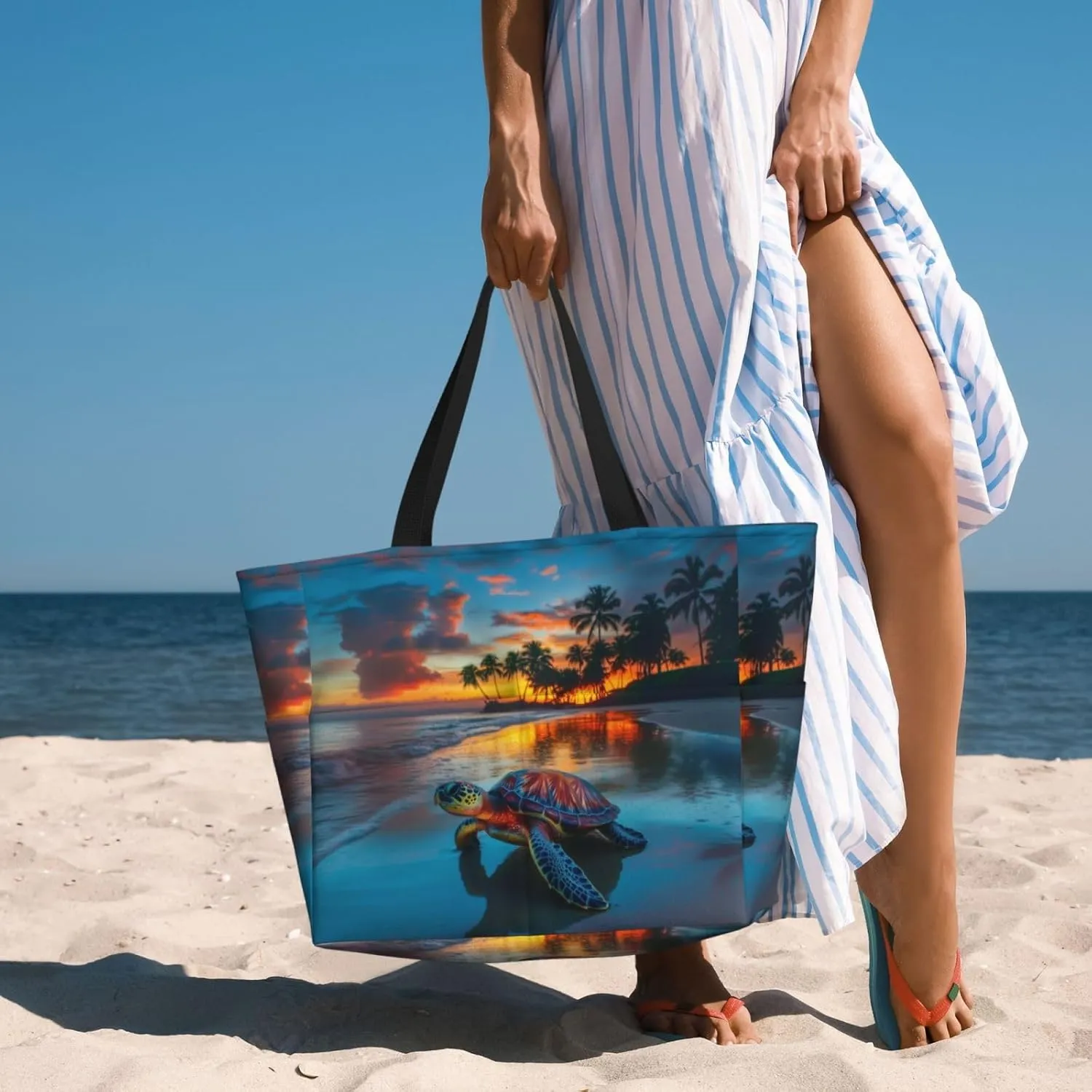 Beach Tote Bag for Women Foldable Waterproof and Sandproof Tote Bag with Zipper Print Beach Bag Large Travel Bag