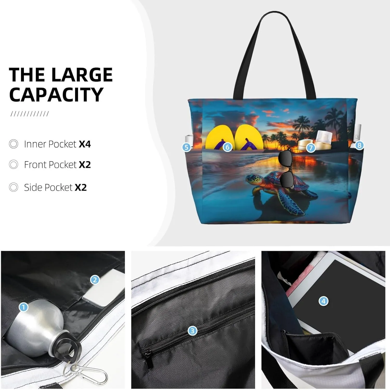 Beach Tote Bag for Women Foldable Waterproof and Sandproof Tote Bag with Zipper Print Beach Bag Large Travel Bag