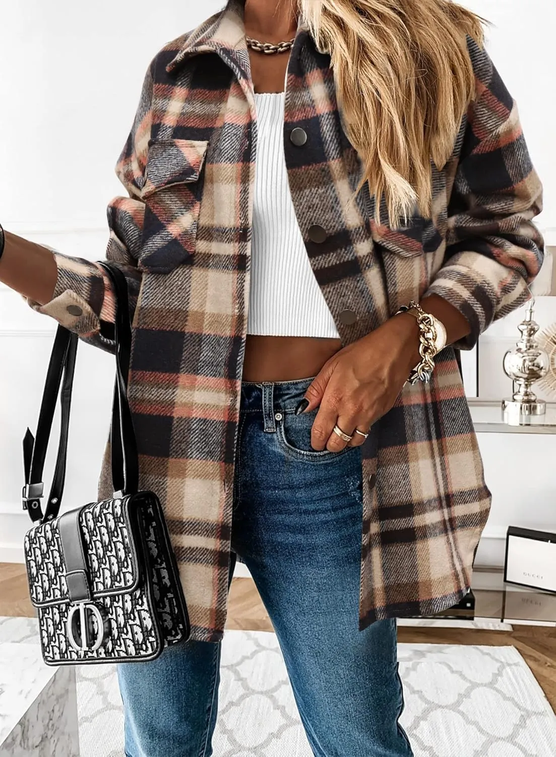Beaully Women's Flannel Plaid Shacket Long Sleeve Button Down Shirts Jacket Coats with Side Pockets