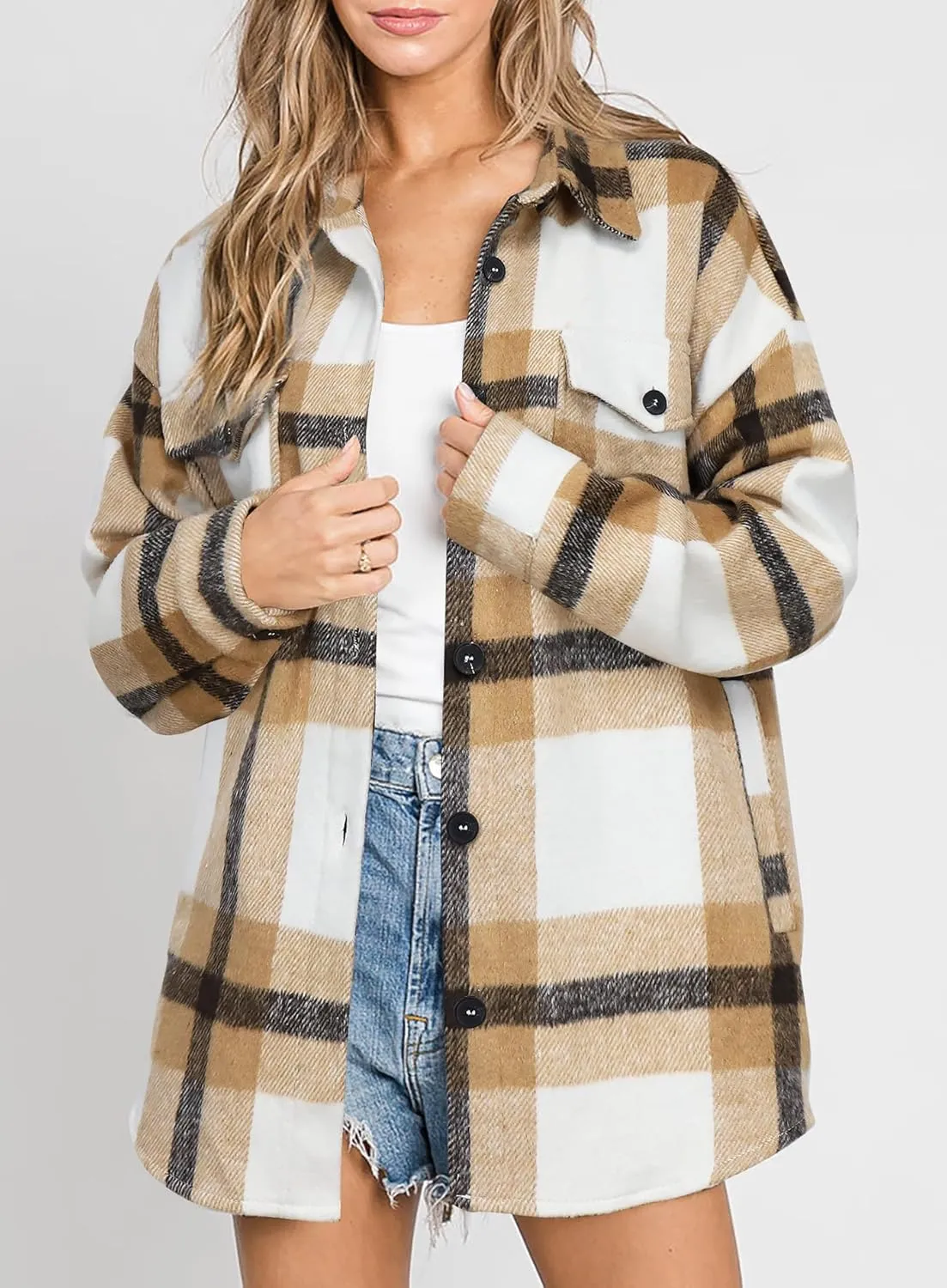 Beaully Women's Flannel Plaid Shacket Long Sleeve Button Down Shirts Jacket Coats with Side Pockets