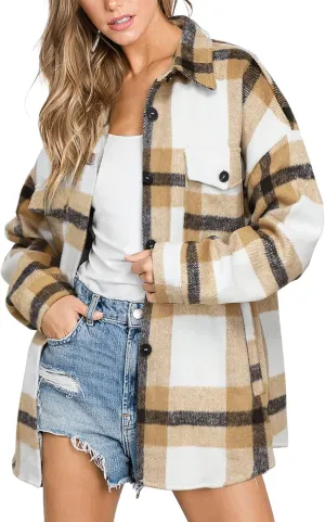 Beaully Women's Flannel Plaid Shacket Long Sleeve Button Down Shirts Jacket Coats with Side Pockets