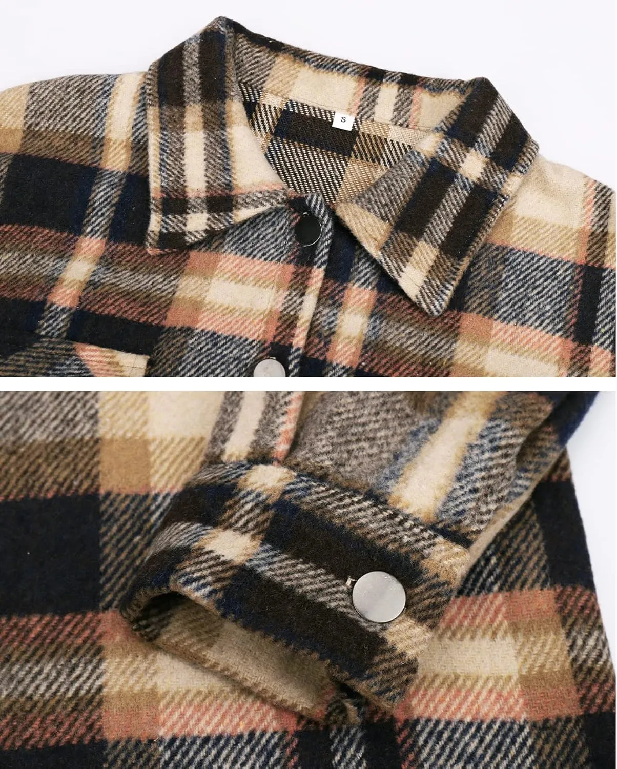 Beaully Women's Flannel Plaid Shacket Long Sleeve Button Down Shirts Jacket Coats with Side Pockets