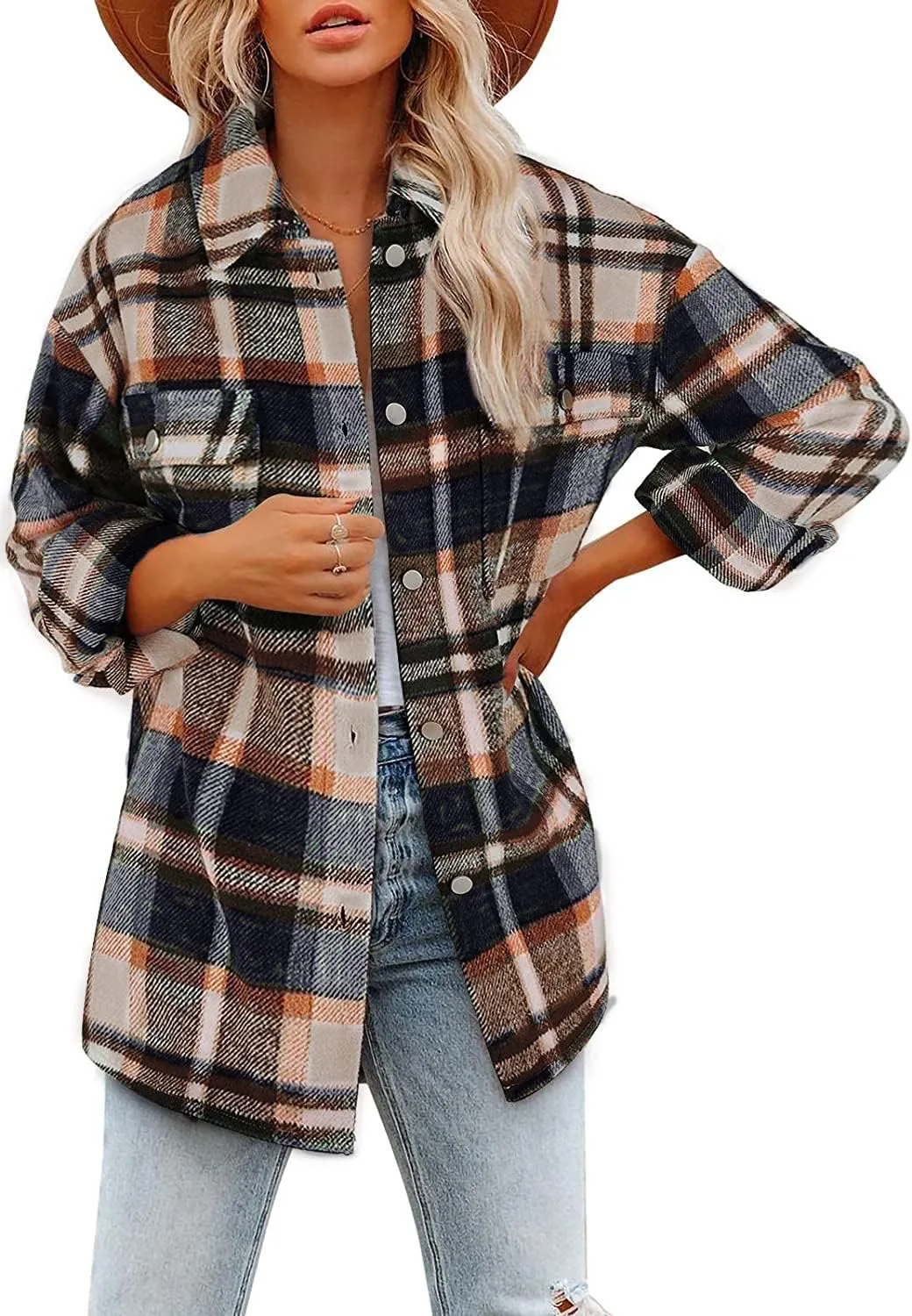Beaully Women's Flannel Plaid Shacket Long Sleeve Button Down Shirts Jacket Coats with Side Pockets