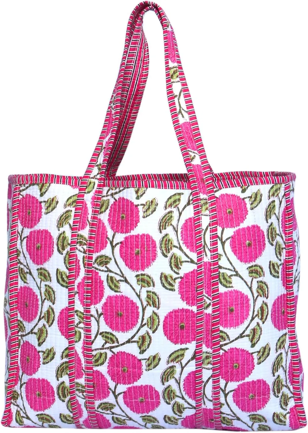 Beautiful Pink Floral Print Quilted Tote Bag Handmade Unisex Quilted Bag Soft Indian Cotton Tote Bag Travel Bag, Shoulder Bag, Large Tote Bag Vintage