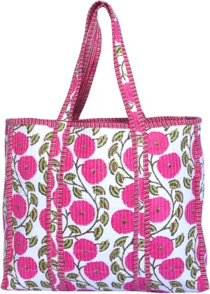 Beautiful Pink Floral Print Quilted Tote Bag Handmade Unisex Quilted Bag Soft Indian Cotton Tote Bag Travel Bag, Shoulder Bag, Large Tote Bag Vintage