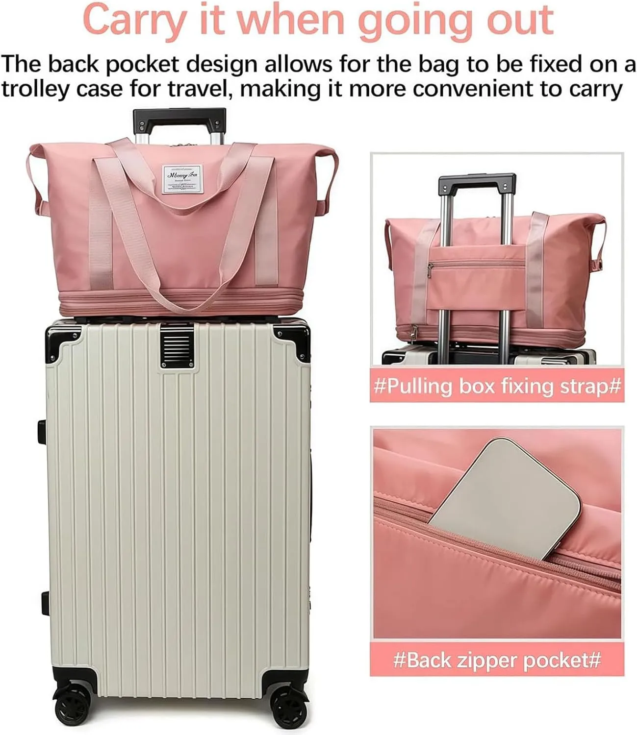 Beente Travel Bag with Wheels, Kulken Pepepo Lightweight Rolling Bag with Wheels, Universal Wheel Removable Duffle Bag (pink)