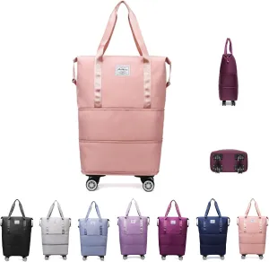 Beente Travel Bag with Wheels, Kulken Pepepo Lightweight Rolling Bag with Wheels, Universal Wheel Removable Duffle Bag (pink)