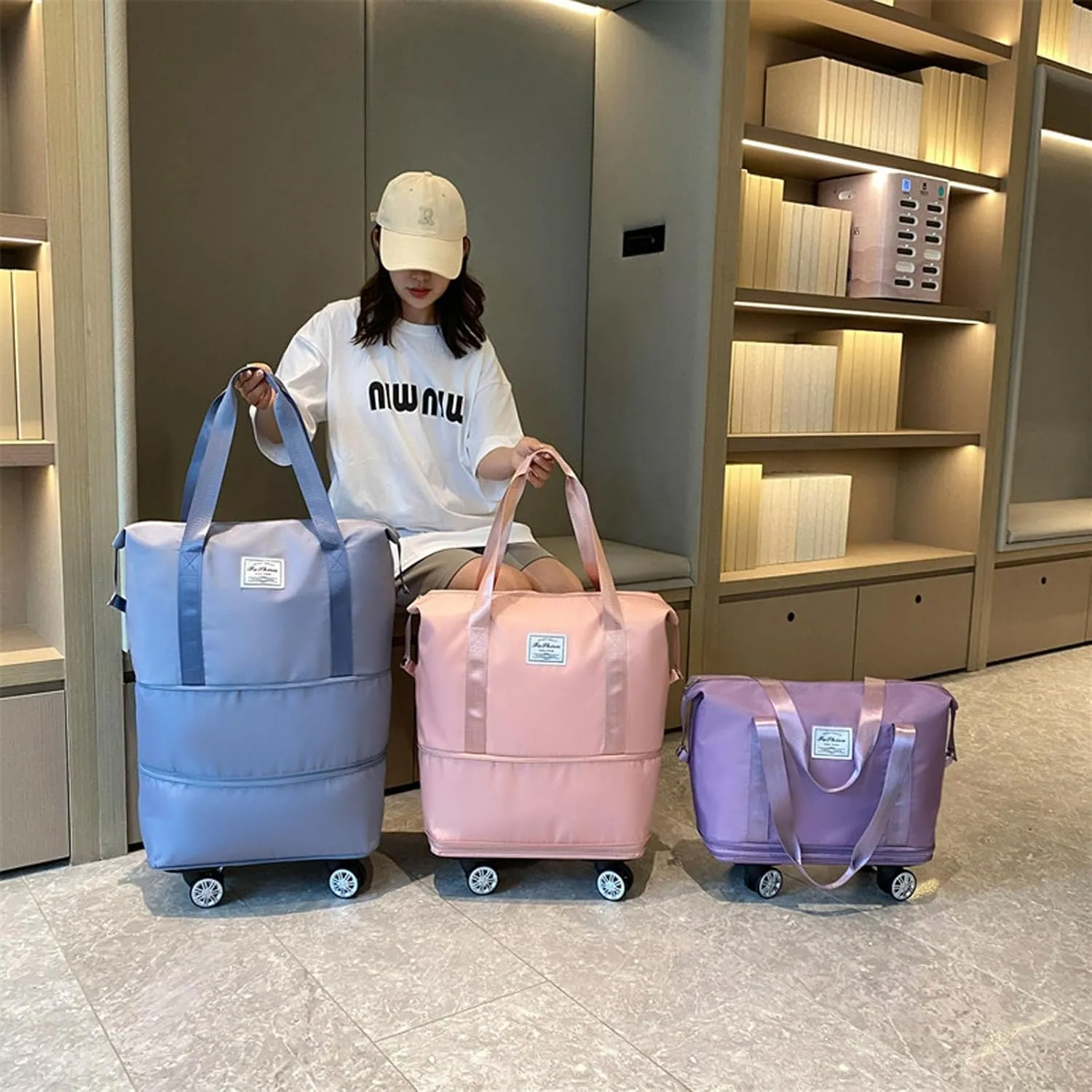 Beente Travel Bag with Wheels, Kulken Pepepo Lightweight Rolling Bag with Wheels, Universal Wheel Removable Duffle Bag (pink)