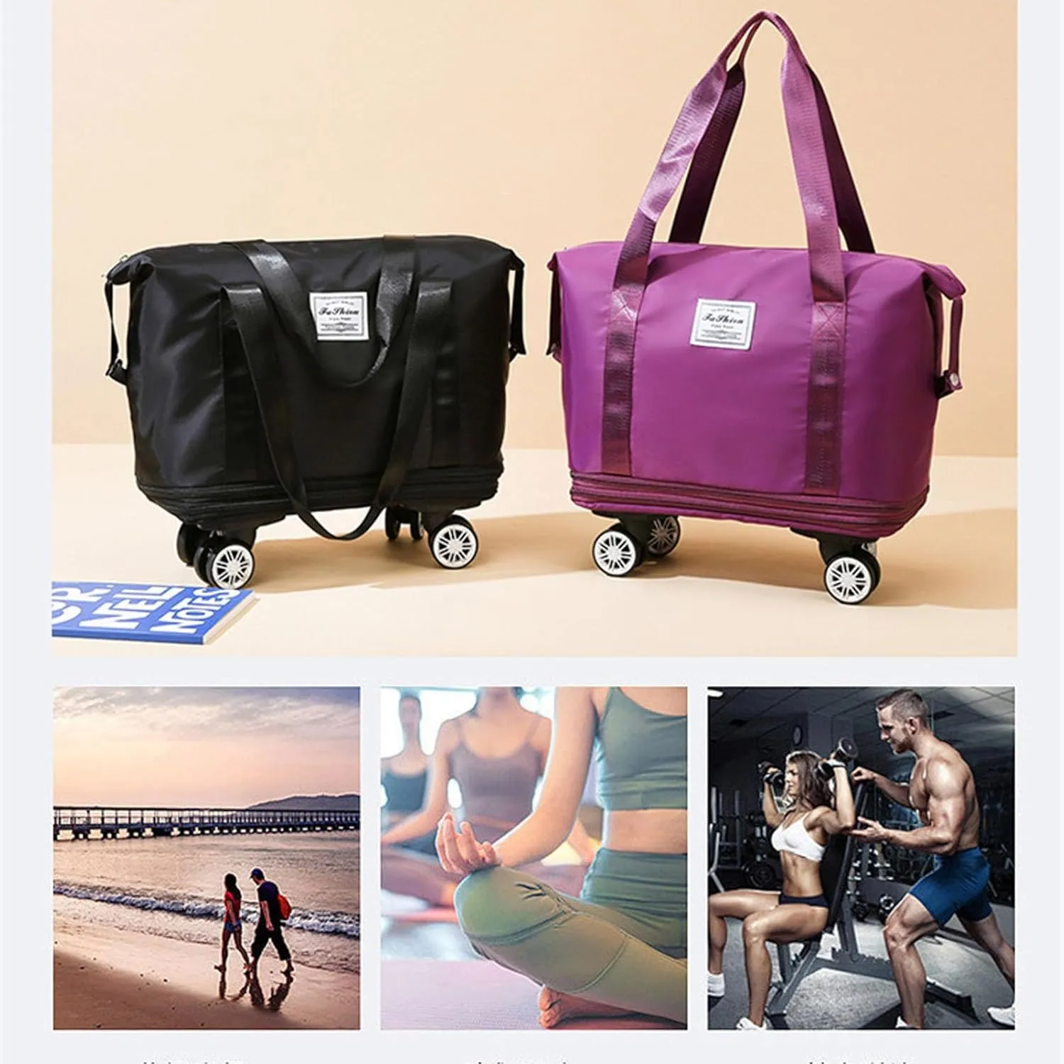 Beente Travel Bag with Wheels, Kulken Pepepo Lightweight Rolling Bag with Wheels, Universal Wheel Removable Duffle Bag (pink)