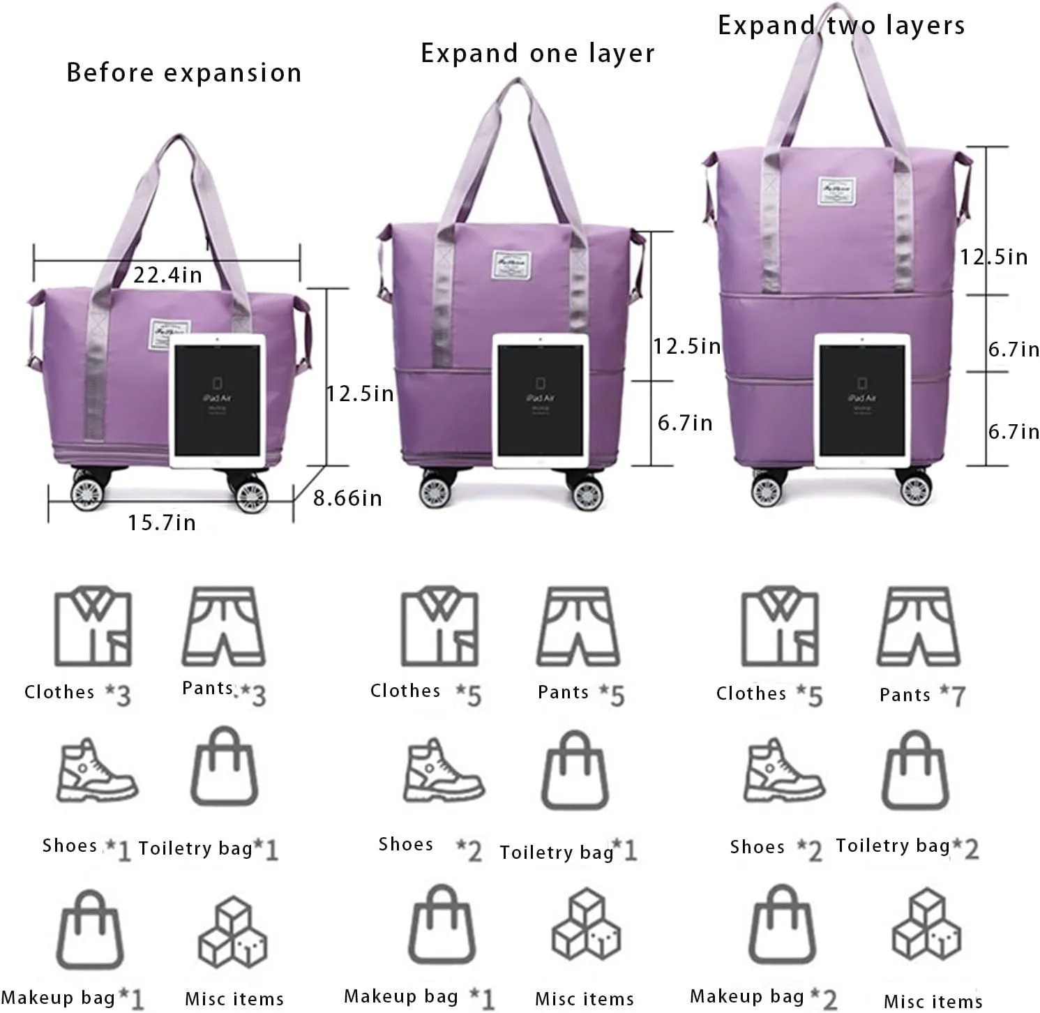 Beente Travel Bag With Wheels - Large Capacity Travel Bag - Universal Wheel Removable, Expandable Foldable, Weekend Bag For Travel For Camping, Business Travel (1, light blue, 22.4inx8.6inx26in)