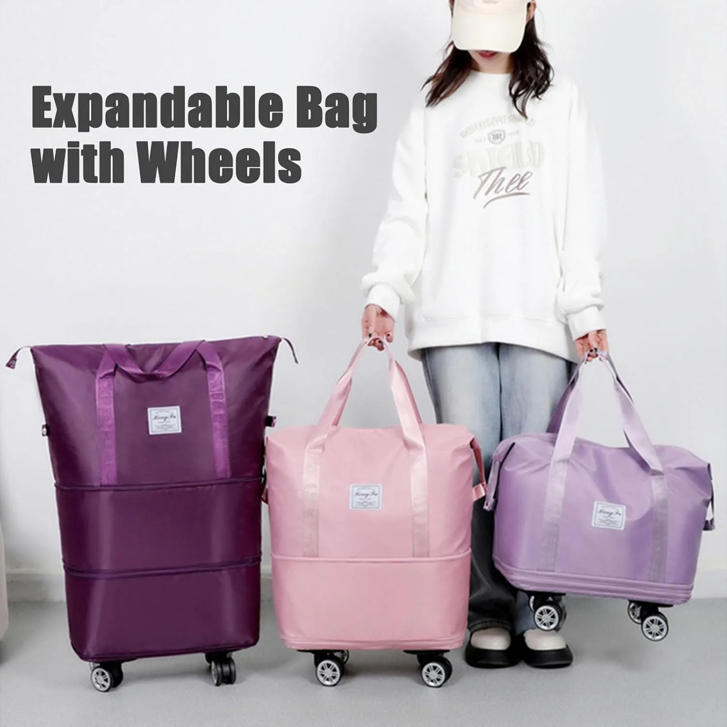 Beente Travel Bag with Wheels, Travel Bag with Removable Wheels, Family Life Travel with Wheel, Expandable Foldable Duffle (Dark Purple)