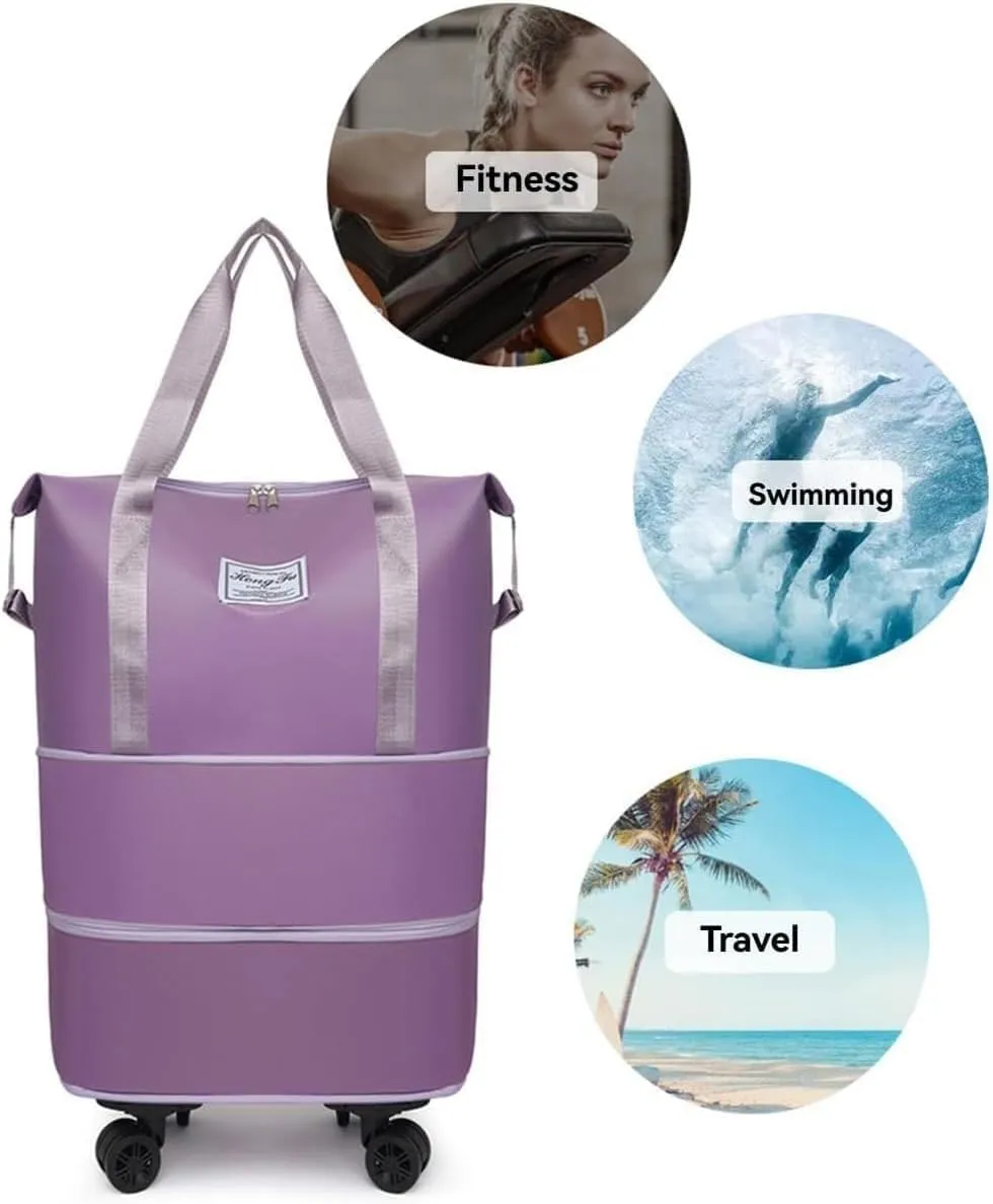 Beente Travel Bag with Wheels, Travel Bag with Removable Wheels, Family Life Travel with Wheel, Expandable Foldable Duffle (Dark Purple)