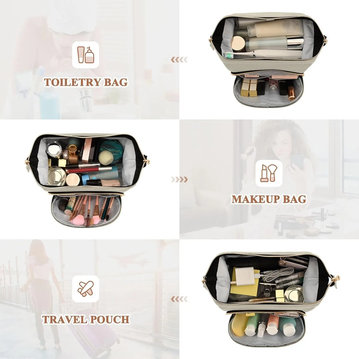 Beige Custom Makeup Bag Travel Toiletry Bag Makeup Case Box Cute Skincare Bag Organizer Small Cosmetic Bag Pouch Make Up Bags for Women Men Purse Adults Trip Sports Toiletries
