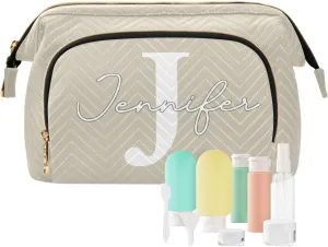 Beige Custom Makeup Bag Travel Toiletry Bag Makeup Case Box Cute Skincare Bag Organizer Small Cosmetic Bag Pouch Make Up Bags for Women Men Purse Adults Trip Sports Toiletries