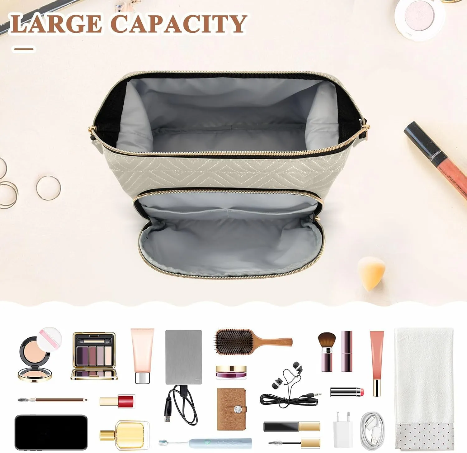 Beige Custom Makeup Bag Travel Toiletry Bag Makeup Case Box Cute Skincare Bag Organizer Small Cosmetic Bag Pouch Make Up Bags for Women Men Purse Adults Trip Sports Toiletries