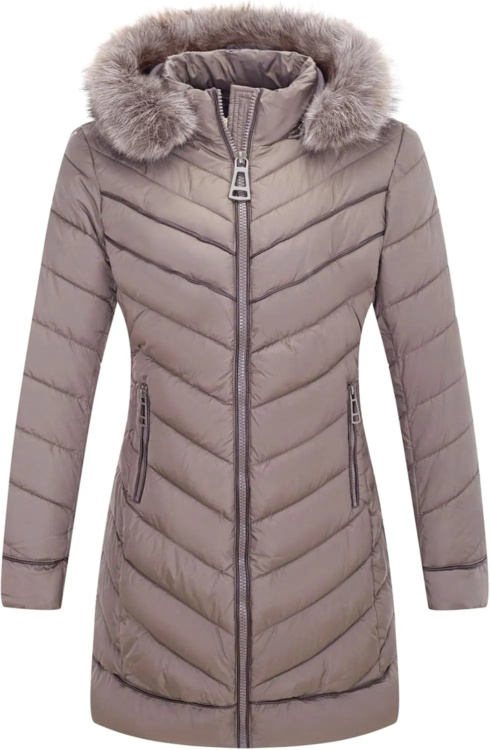 Bellivera Women's Winter Thickened Quilted Puffer Jacket Zipper Pockets Bubble Coat with Removable Hood and Faux Fur Collar