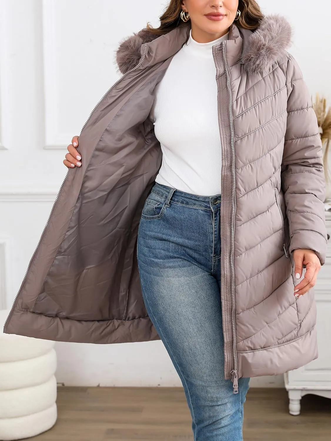 Bellivera Women's Winter Thickened Quilted Puffer Jacket Zipper Pockets Bubble Coat with Removable Hood and Faux Fur Collar