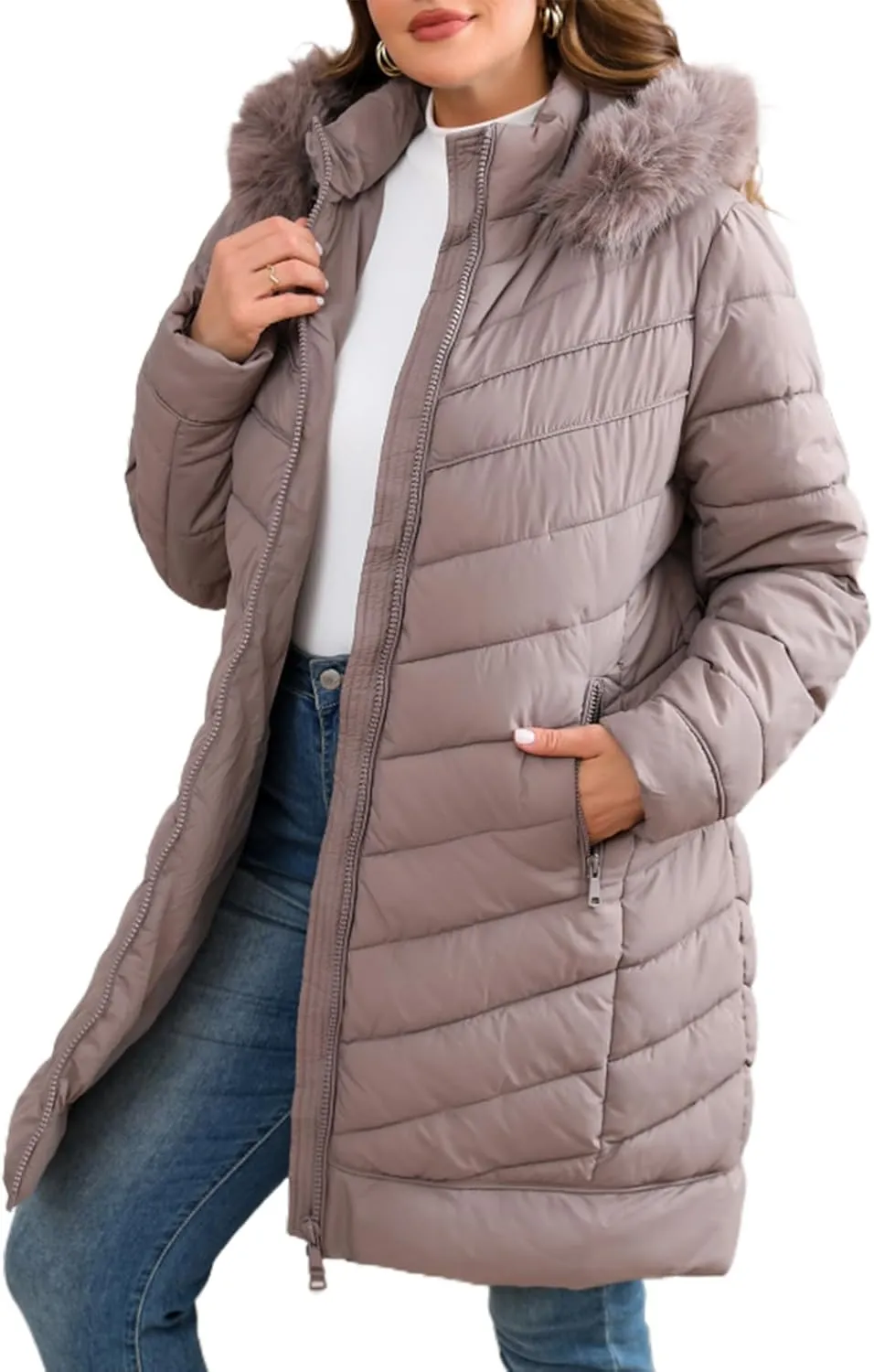 Bellivera Women's Winter Thickened Quilted Puffer Jacket Zipper Pockets Bubble Coat with Removable Hood and Faux Fur Collar