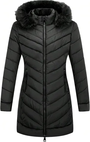 Bellivera Women's Winter Thickened Quilted Puffer Jacket Zipper Pockets Bubble Coat with Removable Hood and Faux Fur Collar