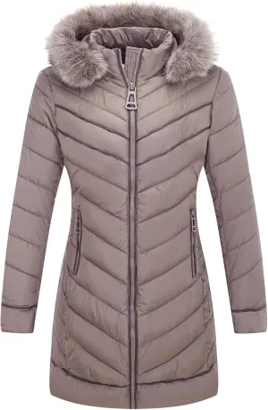 Bellivera Women's Winter Thickened Quilted Puffer Jacket Zipper Pockets Bubble Coat with Removable Hood and Faux Fur Collar