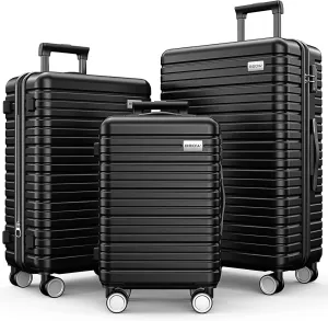 BEOW Luggage Sets 3 Piece Expandable Hard Sided Suitcase Sets 3 Pcs With Durable Spinner Wheels Lightweight Zipper Luggage With Tsa Lock Luggage Sets For Women Men Black 20/24/28 Inch