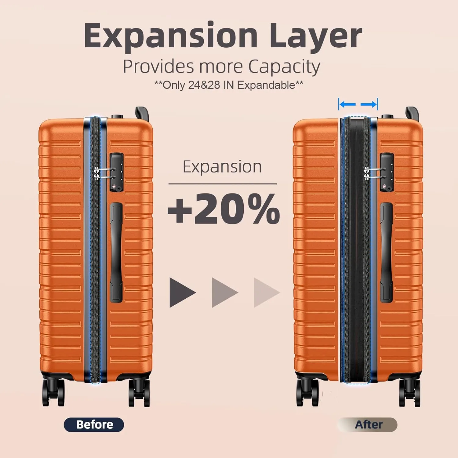 BEOW Luggage Sets 3 Piece Expandable Hard Sided Suitcase Sets 3 Pcs With Durable Spinner Wheels Lightweight Zipper Luggage With Tsa Lock Luggage Sets For Women Men Orange 20/24/28 Inch