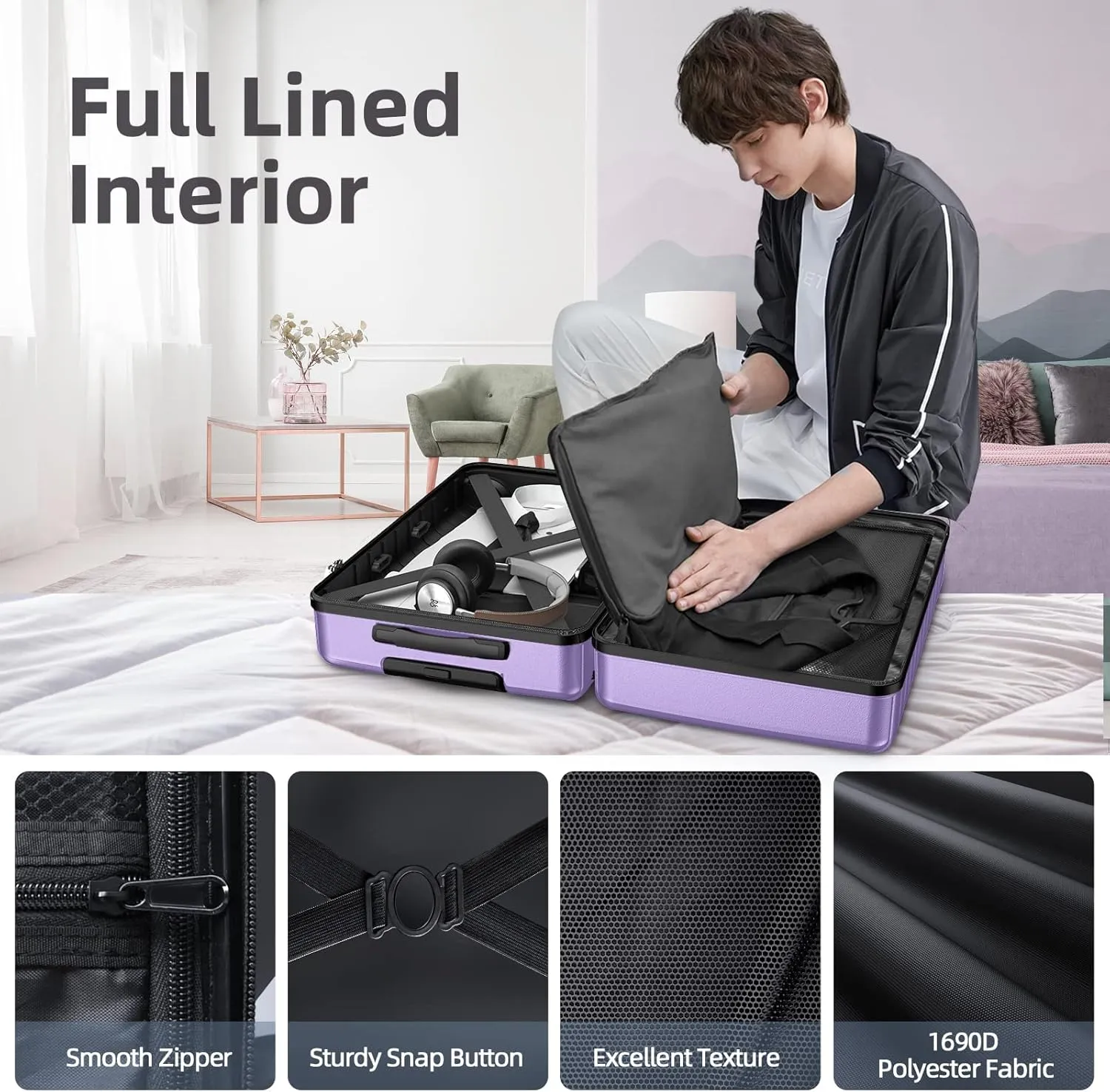 BEOW Luggage Sets 3 Piece Hardside Expandable Luggage Set Clearance Suitcase Sets with Wheels TSA Lock 20''/24''/28''(Lavender Purple