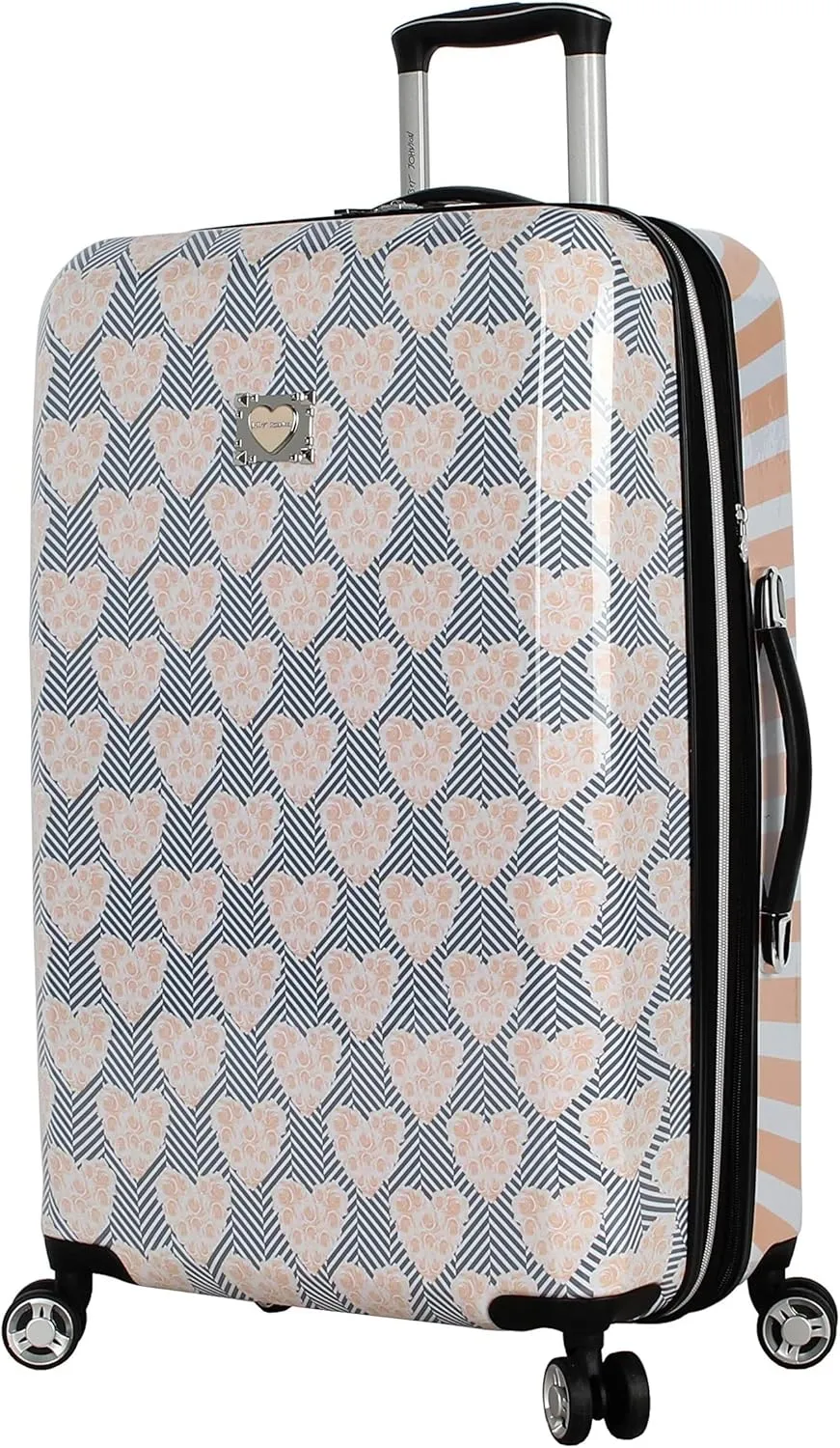 Betsey Johnson 26 Inch Checked Luggage Collection - Expandable Scratch Resistant (ABS   PC) Hardside Suitcase - Designer Lightweight Bag with 8-Rolling Spinner Wheels (Chevron Hearts)