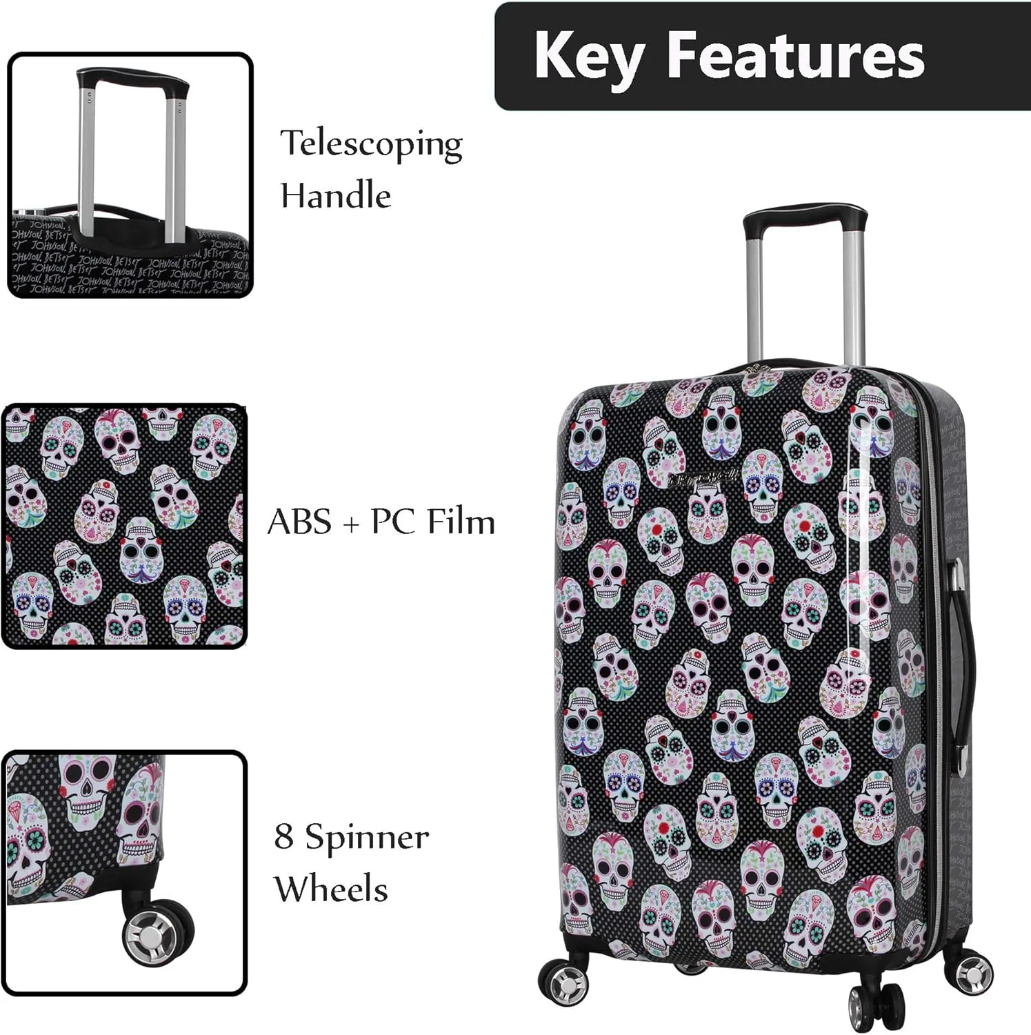 Betsey Johnson 26 Inch Checked Luggage Collection - Expandable Scratch Resistant (ABS   PC) Hardside Suitcase - Designer Lightweight Bag with 8-Rolling Spinner Wheels (Skull Party)