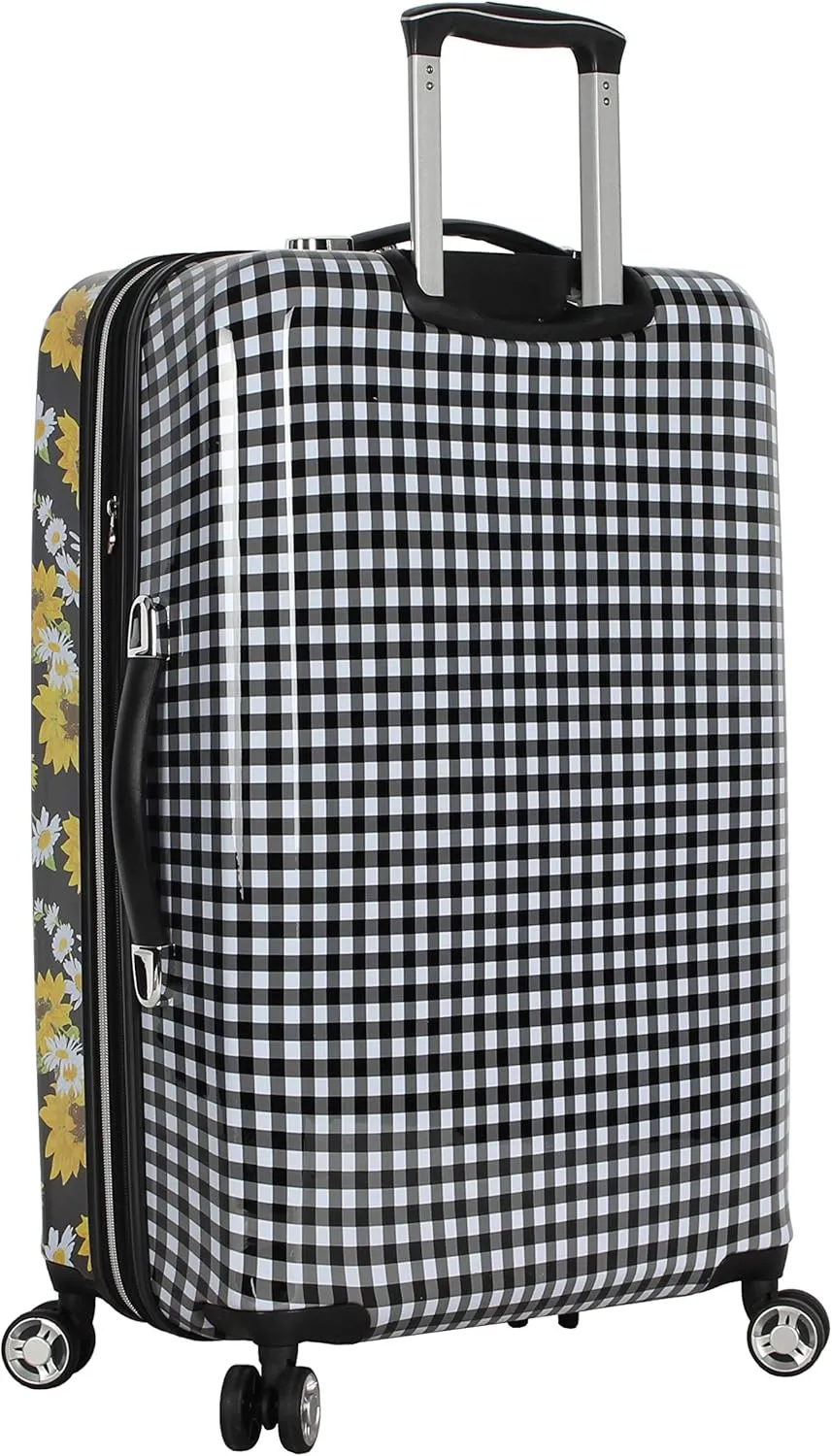 Betsey Johnson 26 Inch Checked Luggage Collection - Expandable Scratch Resistant (ABS   PC) Hardside Suitcase - Designer Lightweight Bag with 8-Rolling Spinner Wheels (Sunflower)