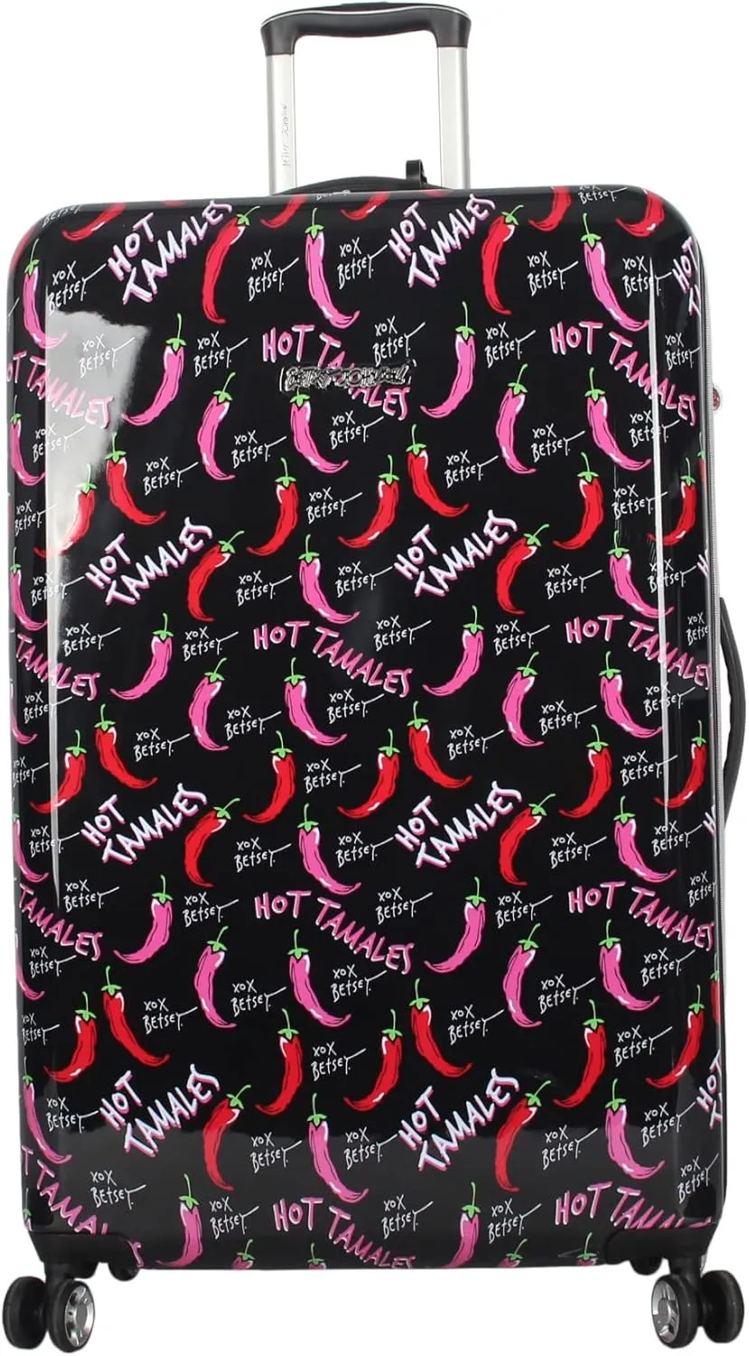 Betsey Johnson 30 Inch Checked Luggage Collection - Expandable Scratch Resistant (ABS   PC) Hardside Suitcase - Designer Lightweight Bag with 8-Rolling Spinner Wheels