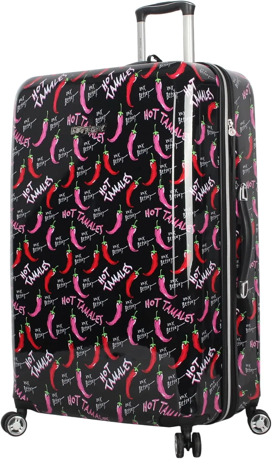 Betsey Johnson 30 Inch Checked Luggage Collection - Expandable Scratch Resistant (ABS   PC) Hardside Suitcase - Designer Lightweight Bag with 8-Rolling Spinner Wheels