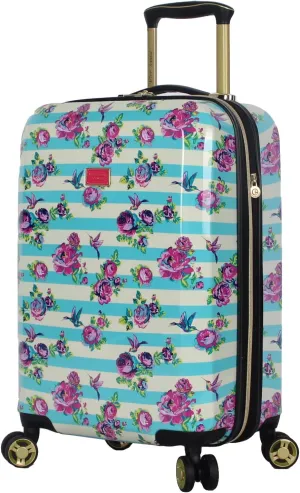 Betsey Johnson Designer 20 Inch Carry On - Expandable (ABS   PC) Hardside Luggage - Lightweight Durable Suitcase With 8-Rolling Spinner Wheels for Women (Stripe Floral Hummingbird)