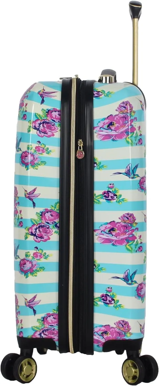 Betsey Johnson Designer 20 Inch Carry On - Expandable (ABS   PC) Hardside Luggage - Lightweight Durable Suitcase With 8-Rolling Spinner Wheels for Women (Stripe Floral Hummingbird)