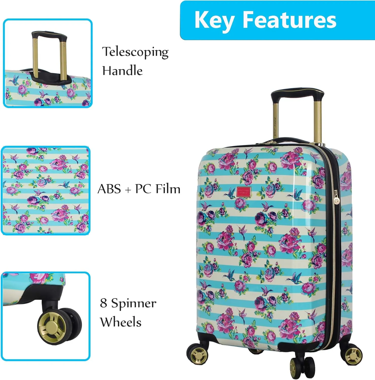 Betsey Johnson Designer 20 Inch Carry On - Expandable (ABS   PC) Hardside Luggage - Lightweight Durable Suitcase With 8-Rolling Spinner Wheels for Women (Stripe Floral Hummingbird)