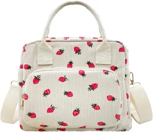 Beurlike Insulated Lunch Bag for Women Men Large Corduroy Cute Portable Leakproof Reusable Cooler Tote Lunch Bags for Work Picnic Beach(Strawberry Beige)