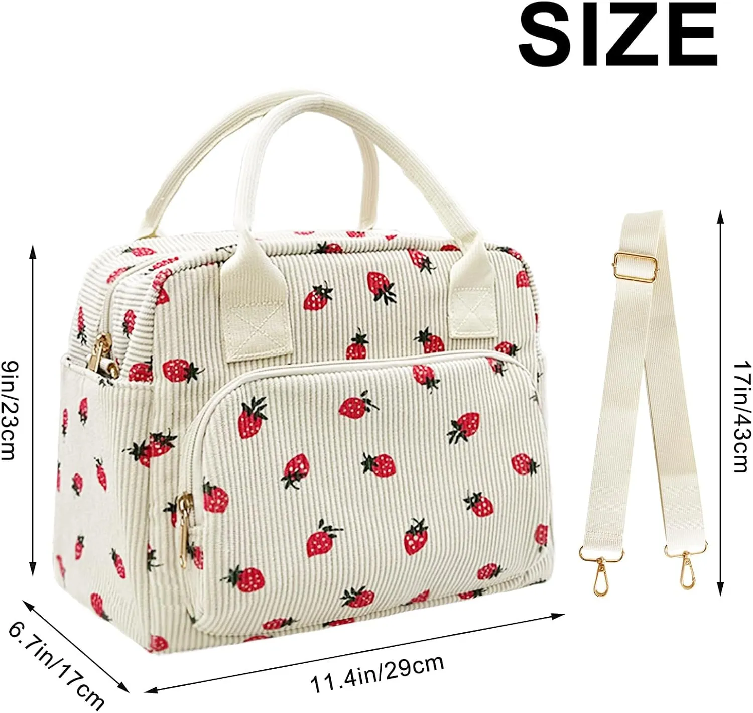 Beurlike Insulated Lunch Bag for Women Men Large Corduroy Cute Portable Leakproof Reusable Cooler Tote Lunch Bags for Work Picnic Beach(Strawberry Beige)