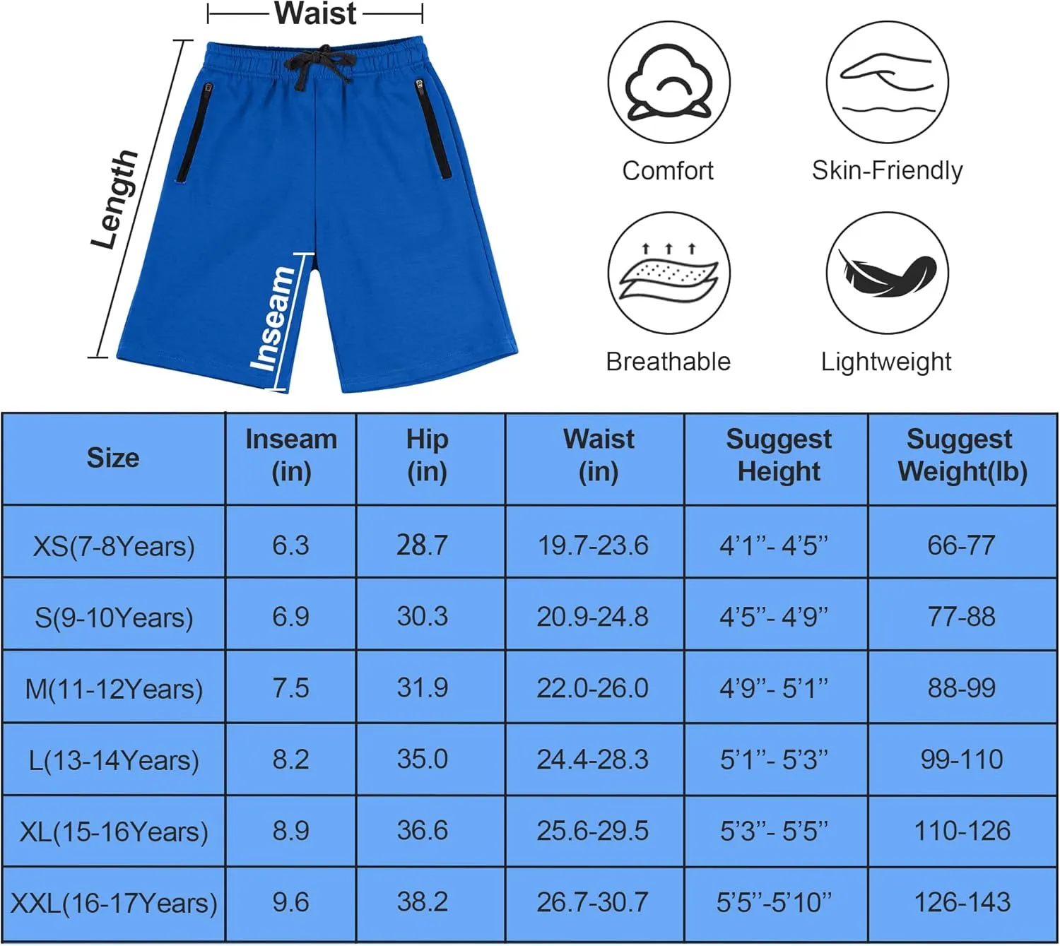 BIG ELEPHANT Kids Casual Shorts with Zipper Pockets and Drawsting, Youth Boys Athletic Shorts for Running Playing