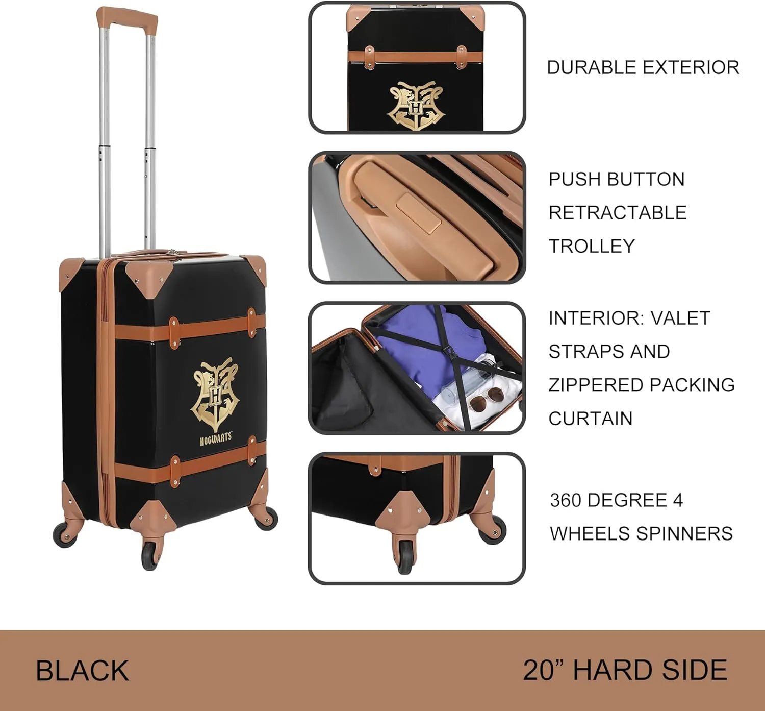 Bioworld Harry Potter Golden Hogwarts Crest Adult 20" Black Rolling Luggage