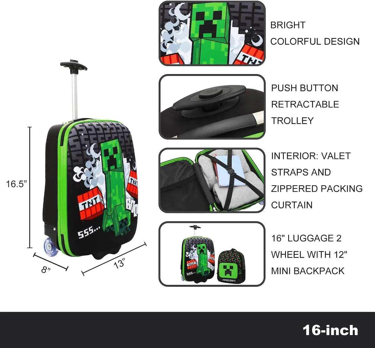 Bioworld Minecraft Creeper 2-Pack Carry On Luggage Set