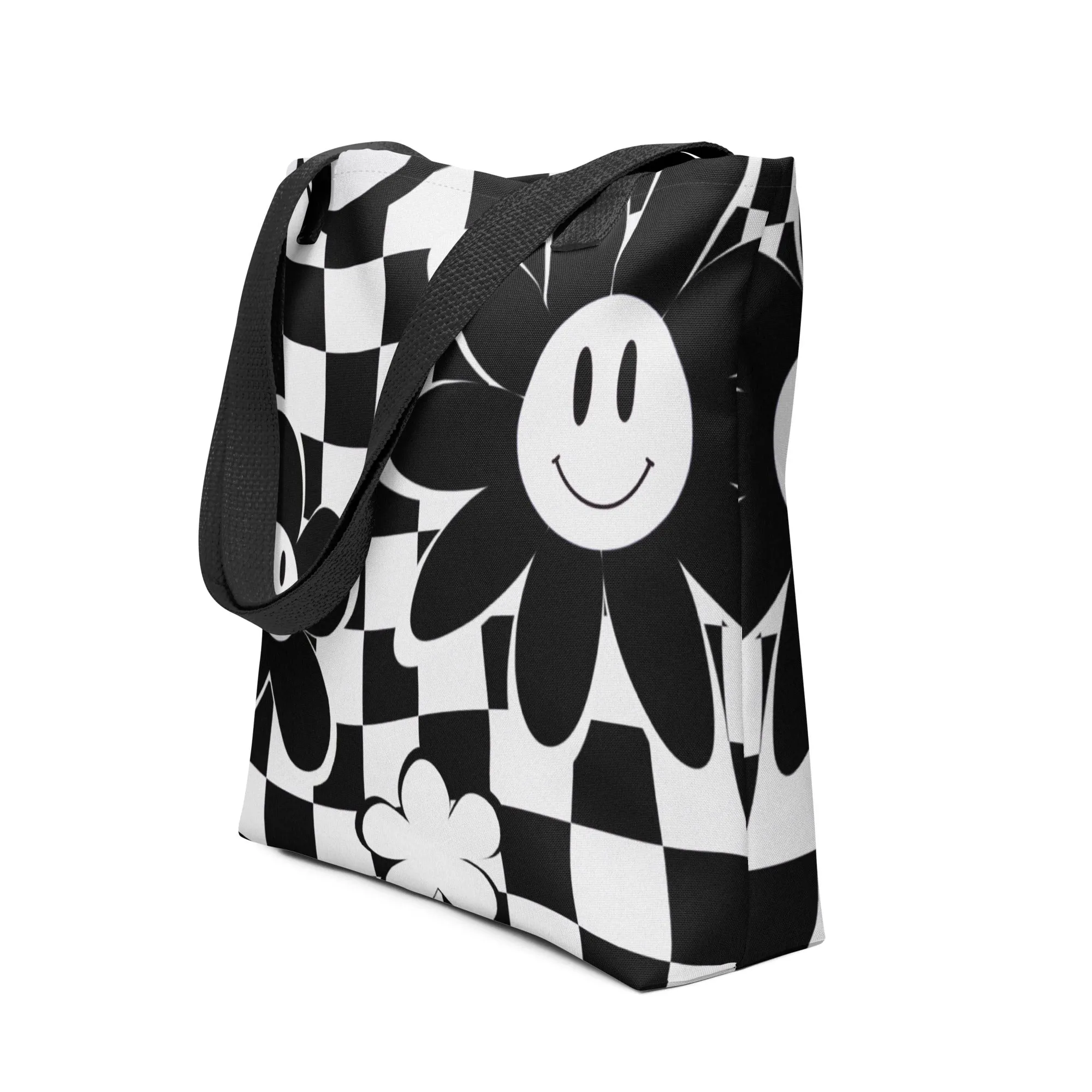Black & White Checkered Happy Face All Over Print Tote Bag