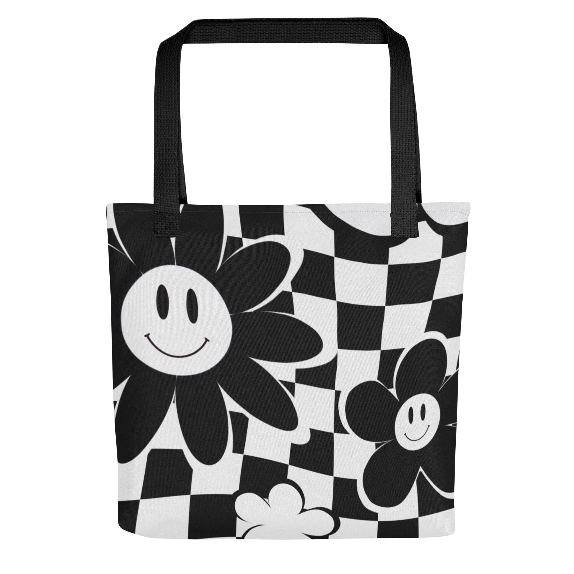 Black & White Checkered Happy Face All Over Print Tote Bag