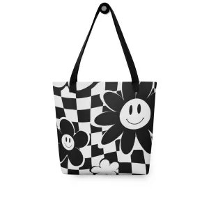 Black & White Checkered Happy Face All Over Print Tote Bag