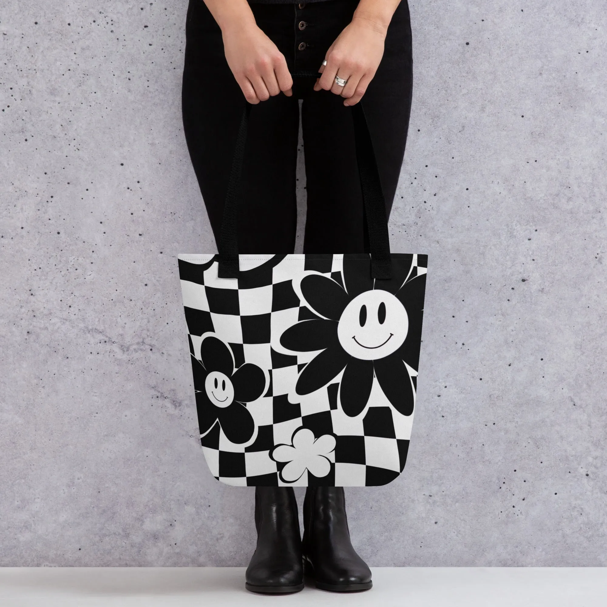 Black & White Checkered Happy Face All Over Print Tote Bag