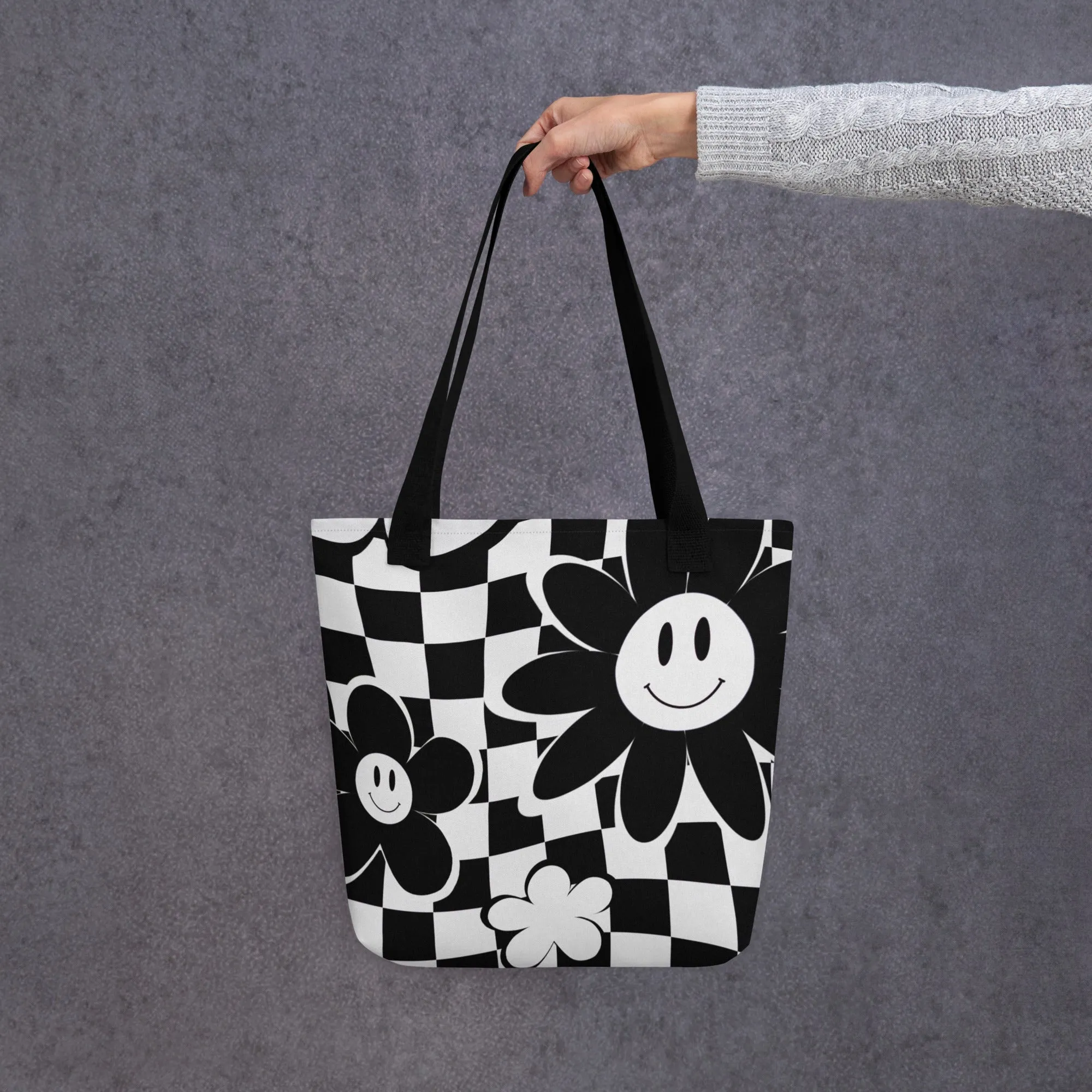 Black & White Checkered Happy Face All Over Print Tote Bag