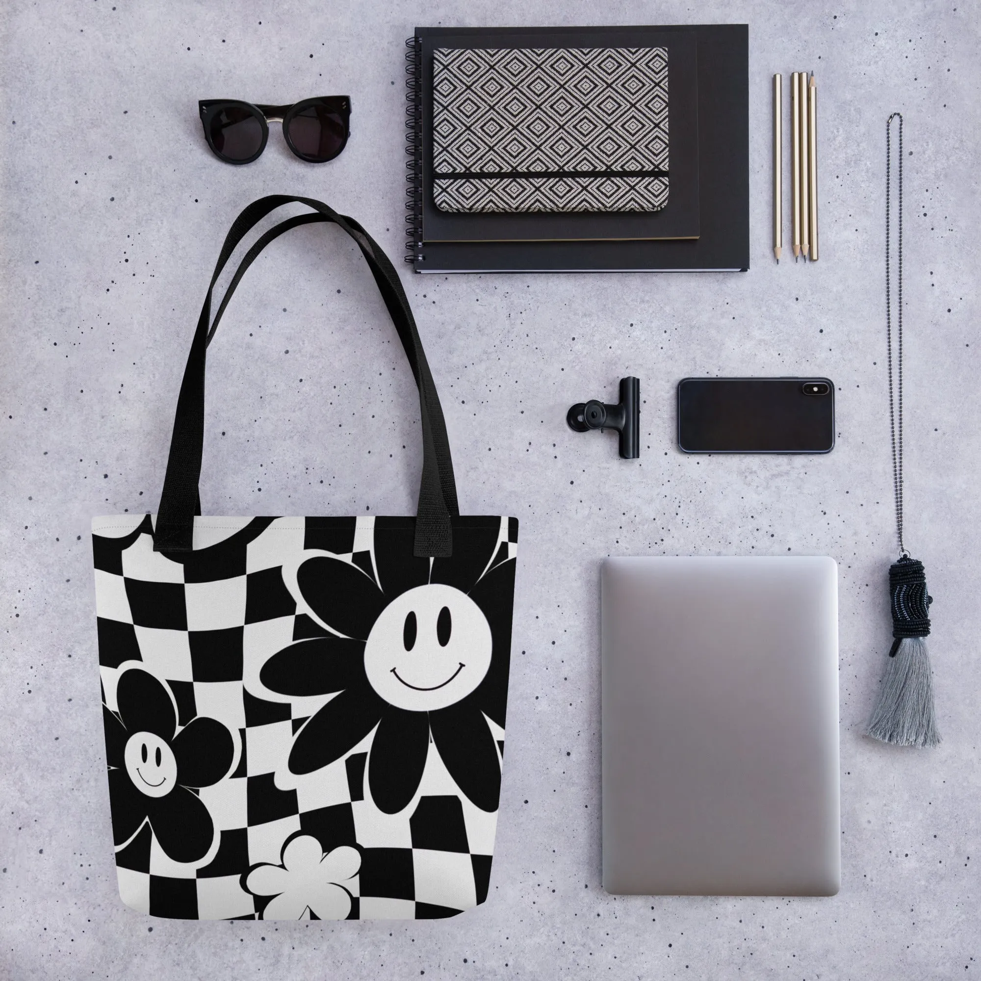 Black & White Checkered Happy Face All Over Print Tote Bag
