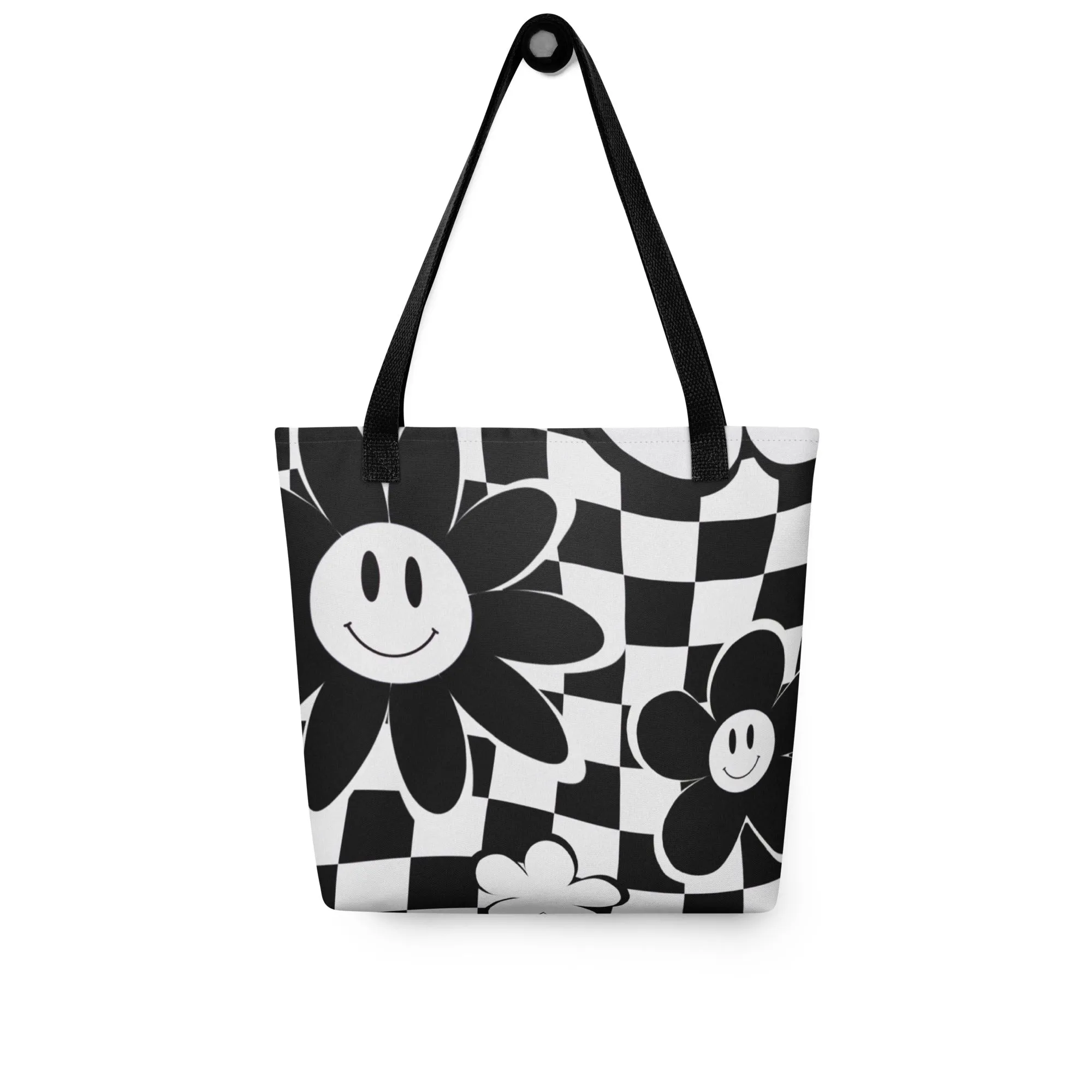 Black & White Checkered Happy Face All Over Print Tote Bag